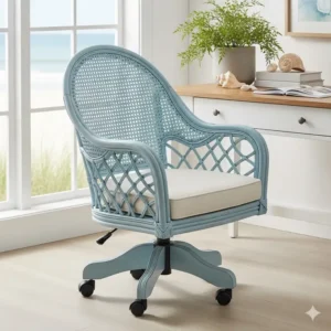 Close-up of a deep blue upholstered desk chair with subtle nautical accents, adding a pop of color to a coastal-inspired workspace.