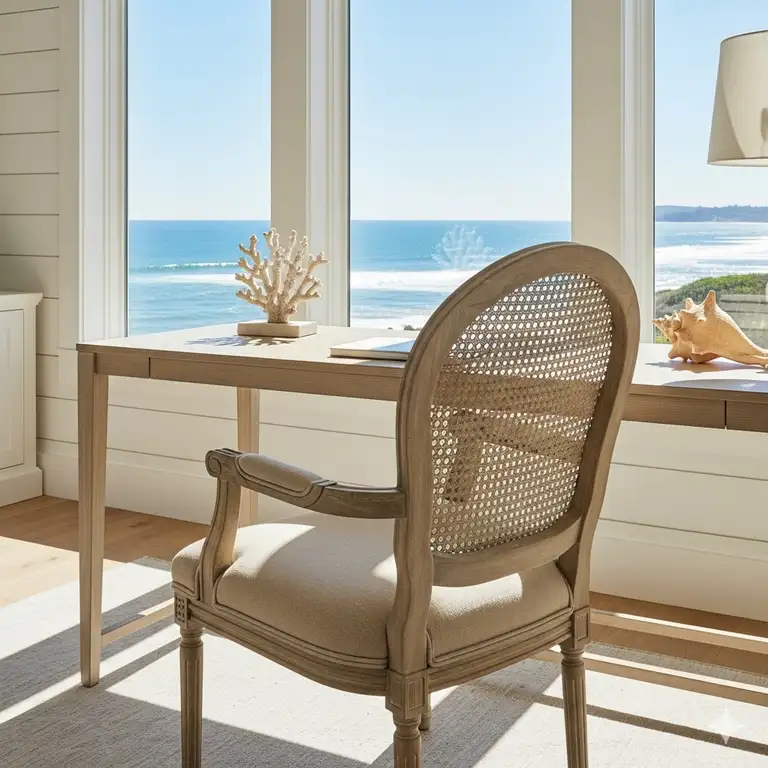 A stylish coastal desk chair with a woven rattan back and a comfortable upholstered seat, perfect for a home office with a seaside theme.