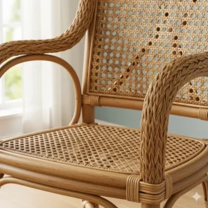 A close-up of the intricate wicker detailing on a comfortable and durable coastal desk chair.