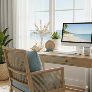 Full view of a tranquil home office setup with a coastal desk chair, a light wood desk, and ocean-inspired decor.