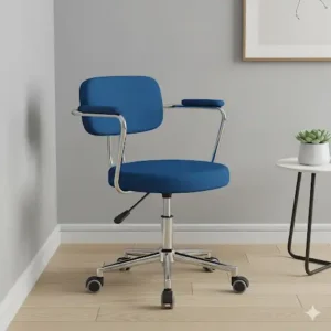  A sleek, compact small swivel chair in a vibrant blue color, designed to fit into tight spaces without sacrificing comfort or style.