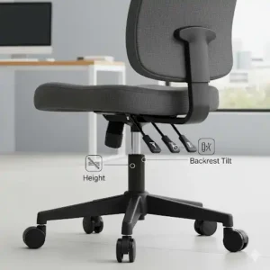 An adjustable small swivel chair shown with its height and backrest features, highlighting its customizable ergonomics for various user needs.