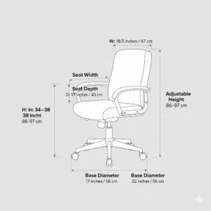 A diagram illustrating the key dimensions of a small swivel chair, including seat width, height, and depth, useful for confirming fit. 