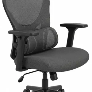 A detailed shot of an ergonomic small swivel chair, focusing on the lumbar support and padded armrests that make it suitable for long hours of use.