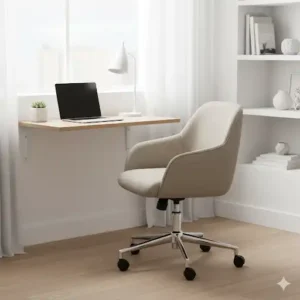  A small swivel chair placed in a cozy, minimalist home office setting, demonstrating how it can efficiently utilize space. 
