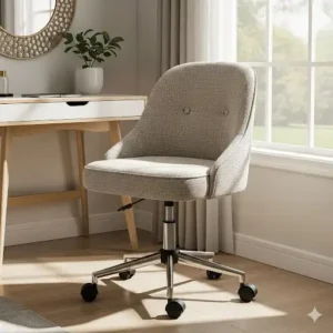 A cozy, fabric-upholstered small swivel chair in a neutral beige, ideal for adding warmth and comfort to a desk or vanity area.
