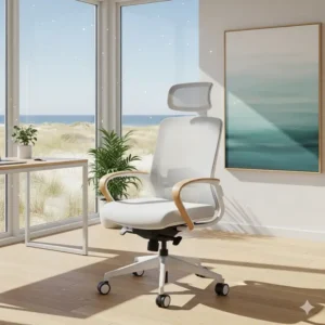 An elegant office chair featuring a natural rattan back and wooden legs, blending traditional craftsmanship with a modern coastal style.