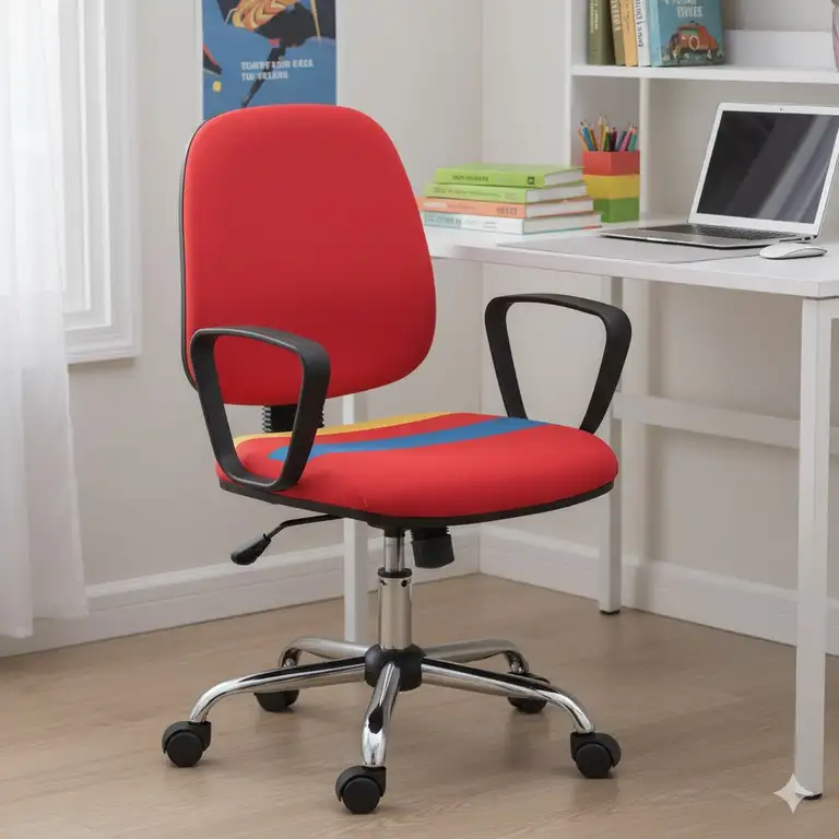 Close-up of an ergonomic blue chair's adjustable lumbar support, one of many colorful desk chairs available.