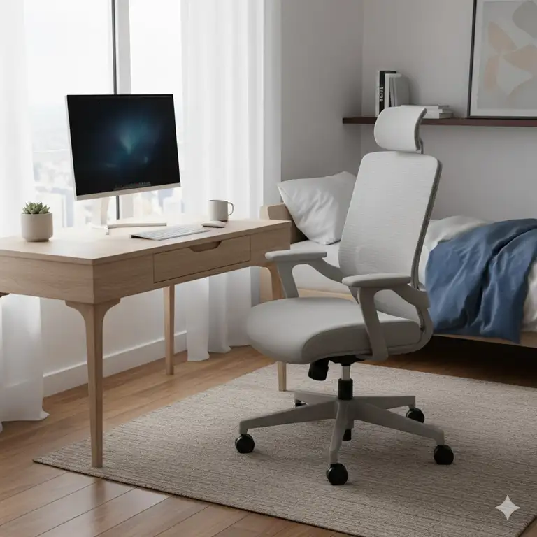 Ergonomic bedroom desk chair in a minimalist home office setup, perfect for long study sessions.