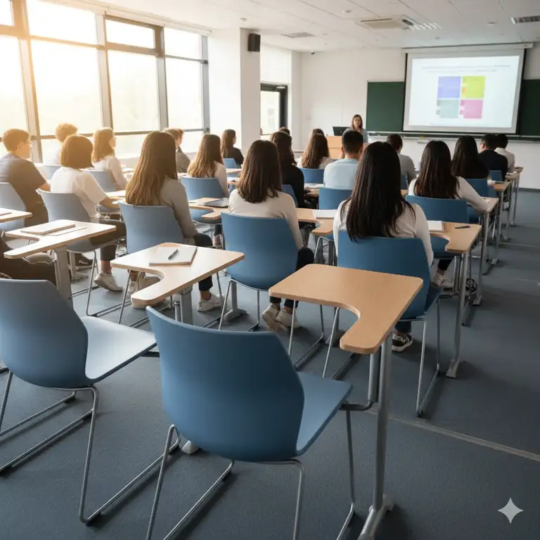 Ergonomic chair with desk attached for a student in a university lecture hall, providing a compact workspace solution.