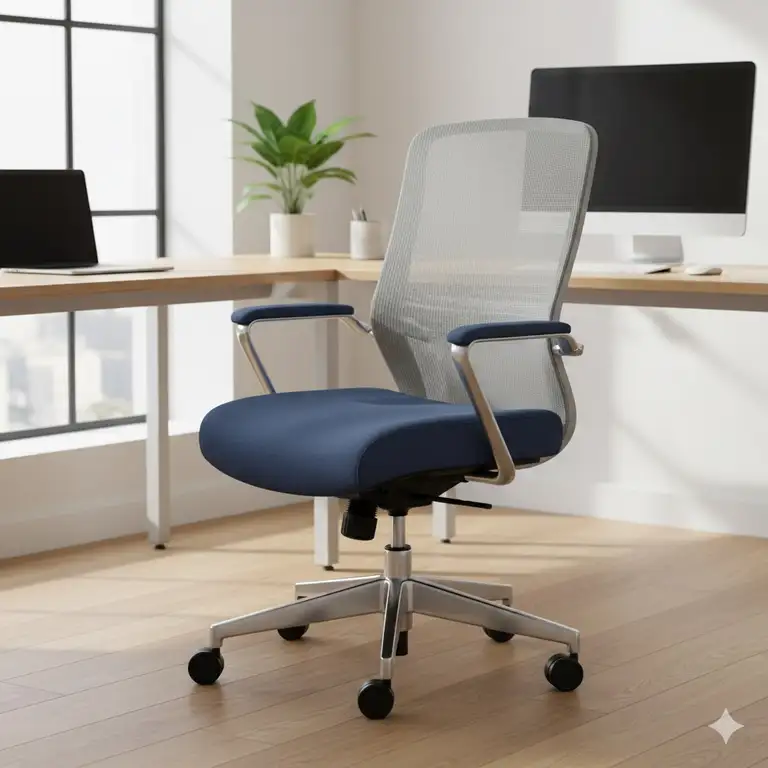 A comfortable fabric office chair in a modern workspace, showcasing its breathable mesh back and padded seat for ergonomic support.