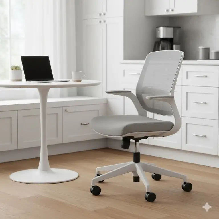 Modern ergonomic kitchen desk chair in a bright white kitchen nook, providing comfortable seating for a small workspace.