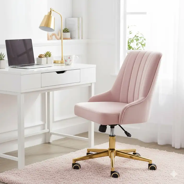 A stylish girly office chair in light pink velvet, perfect for a cozy and feminine home office setup.