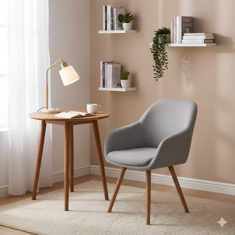 Comfortable living room desk chair setup with a small table and lamp, perfect for remote work or study.