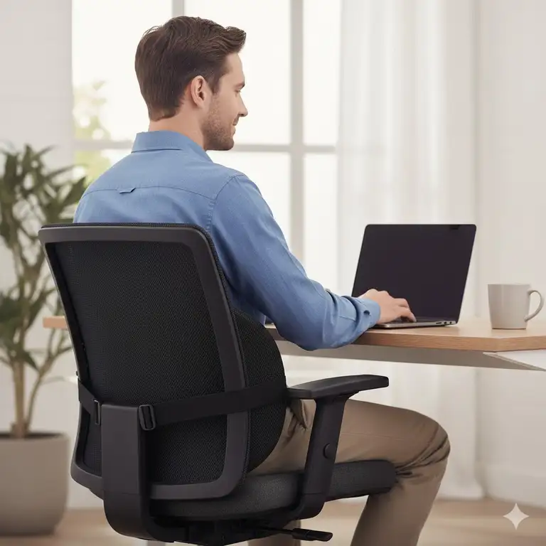 Ergonomic lumbar pillow properly supporting a person's lower back while seated in an office chair.