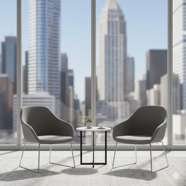 A pair of stylish modern office guest chairs in a corporate lounge area with a glass wall and a small side table.