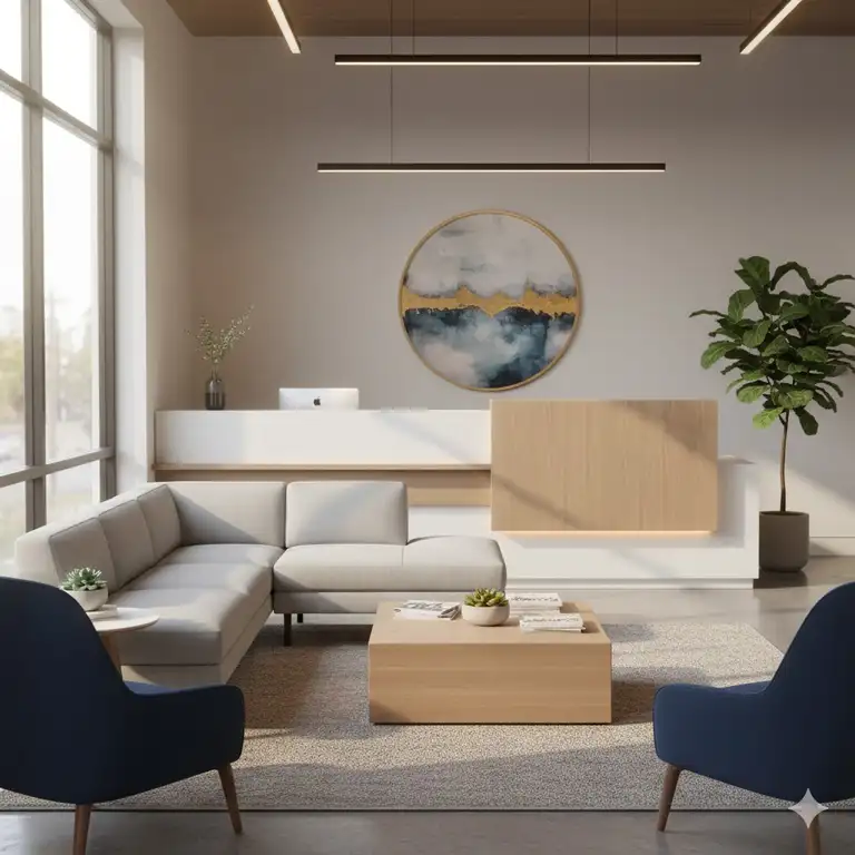 A welcoming, modern reception room furniture layout featuring stylish, comfortable guest seating and a minimalist desk.