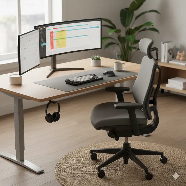 Ergonomic office desk with chair setup, featuring a monitor, keyboard, and mouse for comfortable work.