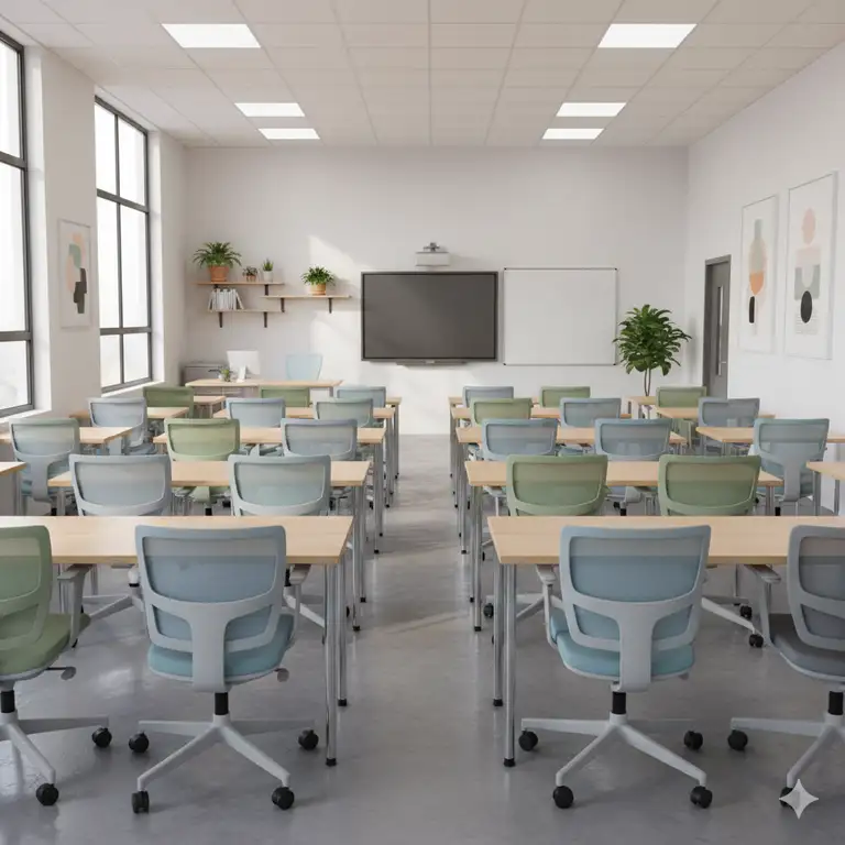 Modern ergonomic student chairs arranged neatly in a bright, contemporary classroom, ready for learning and collaboration.