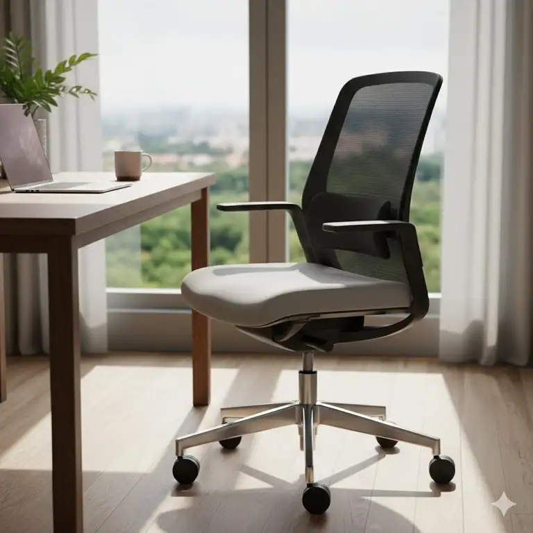 A sleek, modern swivel chair in a home office setting, featuring an ergonomic design and adjustable lumbar support.