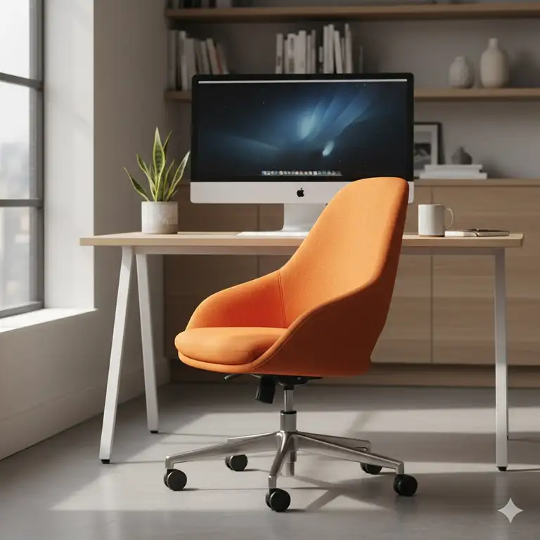 A stylish, modern unique desk chairs featured with an ergonomic design and bright orange upholstery.