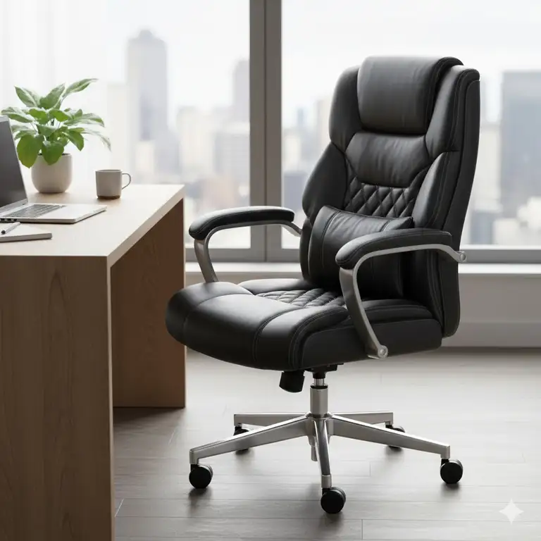 A premium upholstered office chair in black leather, featuring high-back support and adjustable armrests for executive comfort.
