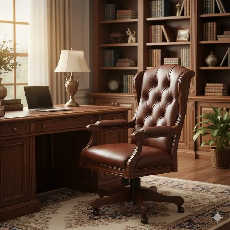A luxurious, high-backed **wood and leather office chair** with a dark mahogany frame, set in a professional home office.