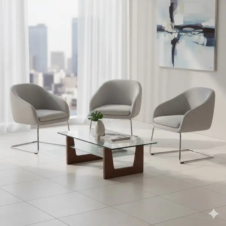 A sleek, modern reception area with three comfortable, contemporary reception chairs and a glass coffee table, showing the welcoming atmosphere for office guests.