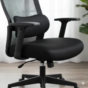 Close-up of an adjustable office chair in black, highlighting the lumbar support and armrests.