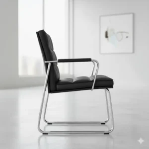 Side view of a comfortable black leather office guest chair with polished chrome legs. 