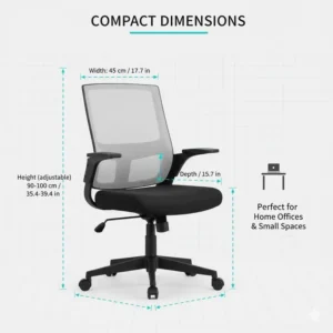 Diagram illustrating the dimensions of the small ergonomic office chair, perfect for tight spaces. 