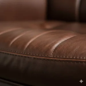 Close-up view of the supple, genuine **leather** upholstery on the seat of the executive **office chair**.