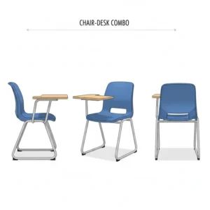 Side and front view of a compact chair with desk attached, highlighting the swivel writing surface. 