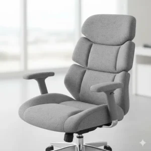 Close-up of an ergonomic decorative office chairs with lumbar support and a unique gray fabric.