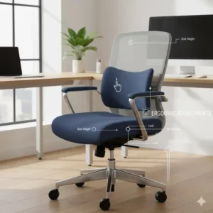 Close-up of an ergonomic fabric office chairs highlighting the adjustable lumbar support and armrests for personalized comfort.
