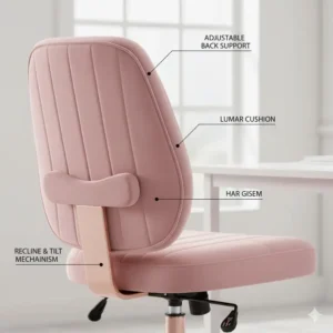 Close-up of the ergonomic design and adjustable lumbar support on a comfortable girly office chair.