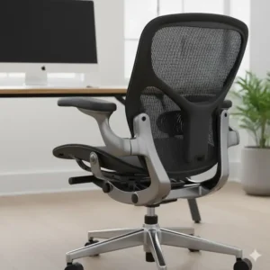 Closeup of a high-end, ergonomic unique desk chairs in black mesh, focusing on the lumbar support feature.
