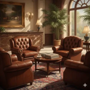 Luxurious leather lobby chairs in a classic reception area seating arrangement. 