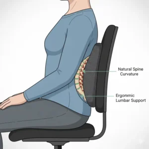 Close-up side view showing how a lumbar pillow fills the gap between the backrest and the curve of the spine.