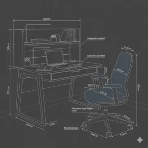 Close-up of a student desk and chair set with integrated storage, showing drawers and shelves for organizing school supplies.