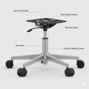 Close-up illustration of the durable swivel chair base mechanism, highlighting the smooth 360-degree rotation.