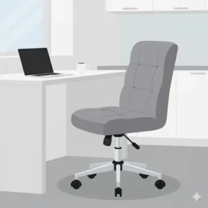 Upholstered kitchen desk chair with caster wheels and adjustable height, perfect for prolonged work at a kitchen counter desk.