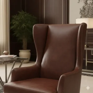 Close-up of a high-back leather reception chair in a professional executive waiting room, highlighting the quality of the material. 
