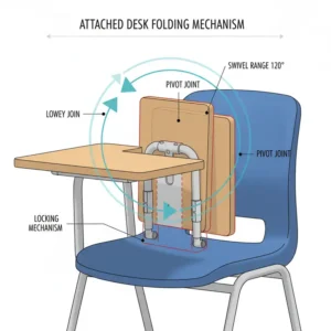 Detailed close-up of the sturdy attached desk folding mechanism on the chair with desk attached. 