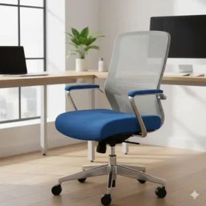 A vibrant blue fabric desk chair with a five-star base on wheels, ideal for a pop of color in a home office.
