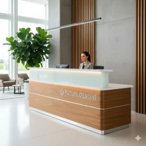 An elegant, custom commercial reception room furniture desk designed for efficiency and a professional first impression.