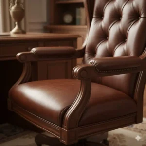 Detailed shot of the elegantly carved **wood** armrests on the classic **office chair**, highlighting the cherry finish.