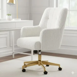 A plush, fuzzy white girly desk chair with gold accents, adding a luxurious touch to any workspace.