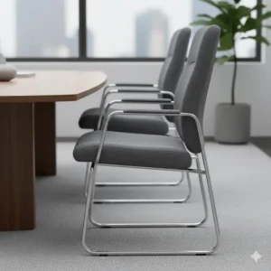 Close-up side view of a comfortable, ergonomic modern office guest chairs designed for long meetings.