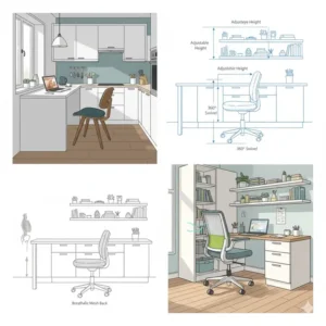 Mid-century modern kitchen desk chair illustration with a molded seat and natural wood legs, blending office function with kitchen style.